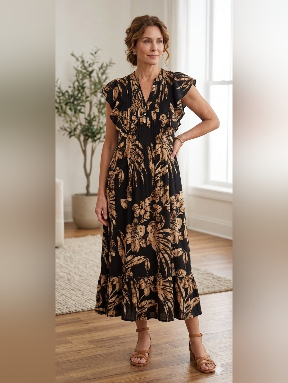 Anthropologie Black Maxi Dress with Tan Floral Print